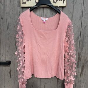 No Boundaries Pink Top with Floral Mesh Sleeves